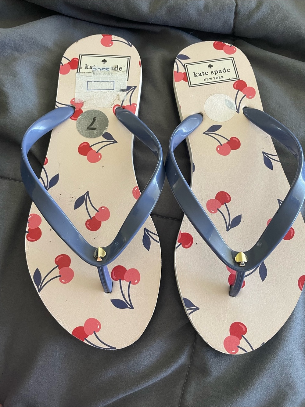 Cute used kate spade Pink Cherry Print Flip Flops with Navy Straps